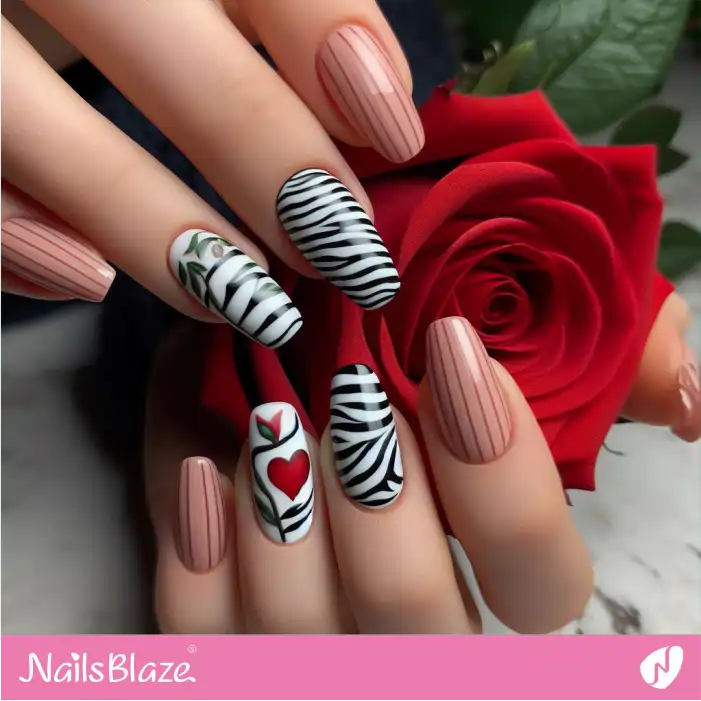 Striped Nails and Zebra Print for Love Day | Animal Print Nails - NB2455